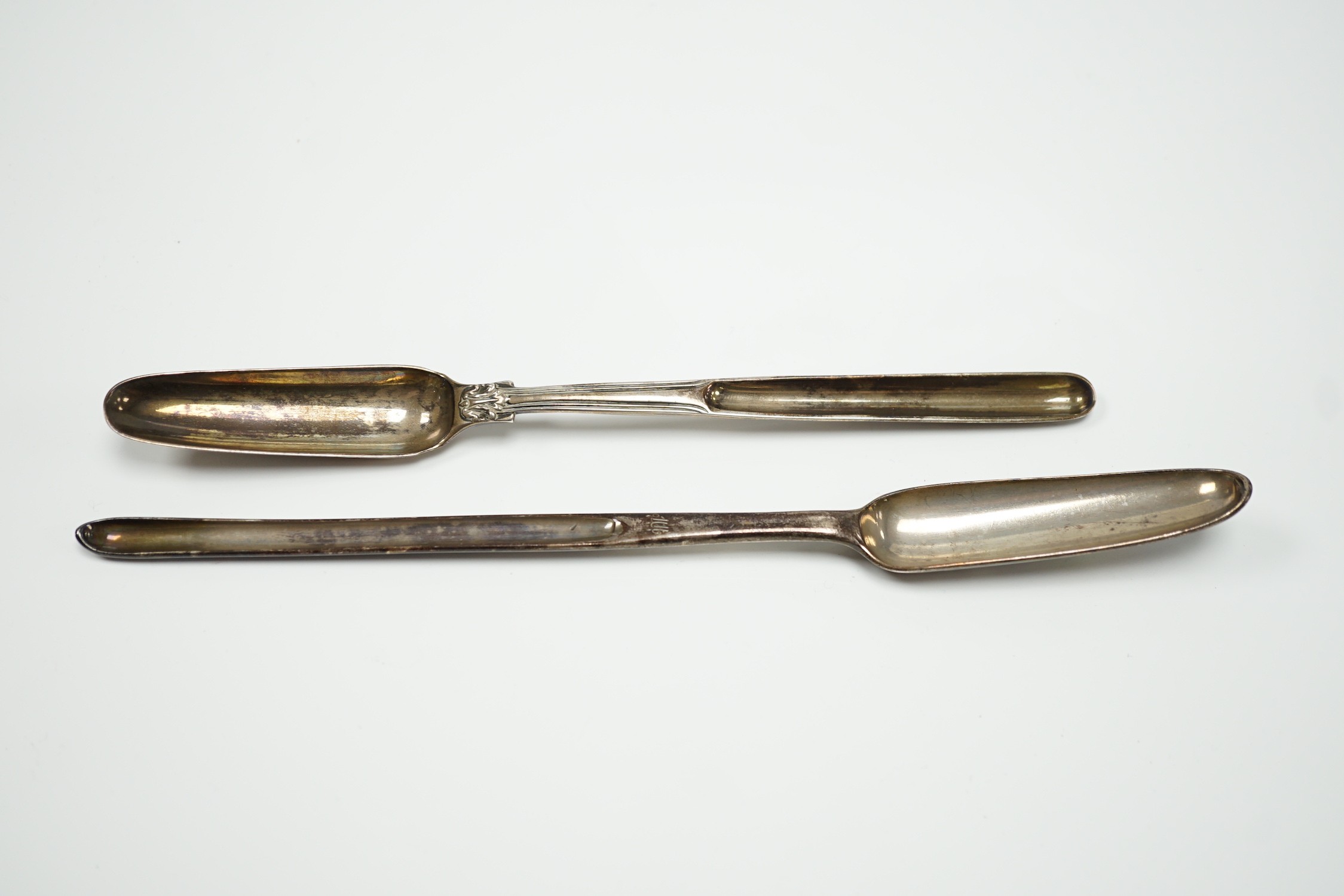 A George III silver marrow scoop, Jacob Marsh, London, 1774, 24.9cm and a George IV silver thread and shell pattern marrow scoop, William Eaton?, London, 1825.